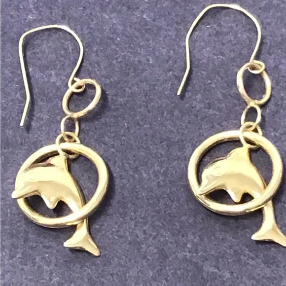 Gold 14k Dolphin jumping through Hoop Drop Earrings Rare vintage ret $850 - Picture 5 of 12